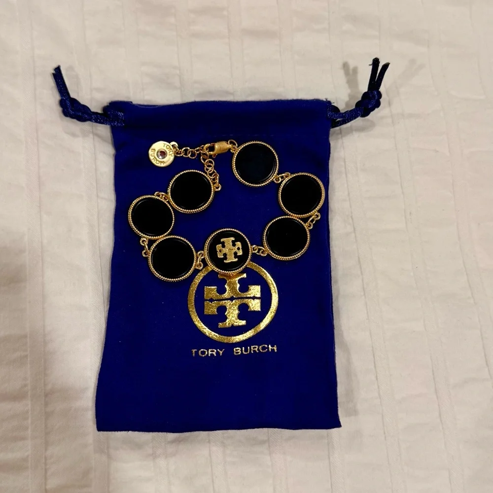 Tory Burch Black Enamel and Gold Logo Link Bracelet - Picture 2 of 2